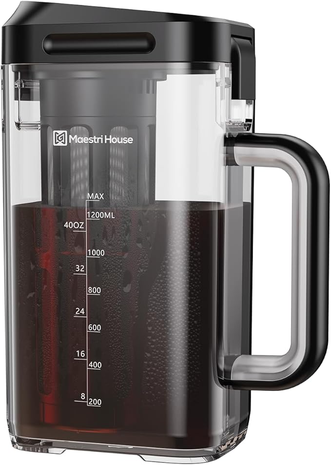 Maestri House Compact Cold Brew Coffee Maker 40oz Iced Tea and Coffee Maker Brewer Space Saving Tritan Pitcher 350 Mesh Filter 100% Leak-Proof
