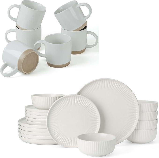 famiware Dinnerware Sets with Mugs Plates and Double Bowls Dish Set of 6 (24 Pieces) - Dishwasher &amp Microwave Safe Chip Resistant Reactive Glaze