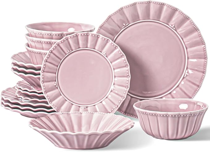 HOMBENE Plates and Bowls Sets for 4 16 Piece Dinnerware Sets Porcelain Plate set Ceramic dish set Wedding kitchen &amp dining Microwavable Dreamy Sakura Pink