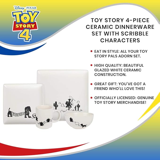 Toy Story 4-Piece Ceramic Dinnerware Set With Scribble Design - Cute Character Line Drawings - Beautiful Glazed White Square Dinner &amp Salad Plates With 16 Oz. Bowl &amp 11 Oz. Mug Place Setting