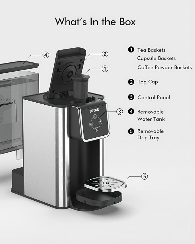 SIFENE Single Serve Coffee Maker 3-in-1 Quick Brew for Coffee Pods Ground Coffee &amp Loose Tea 6-12oz Cup Sizes 50oz Removable Water Tank 1150W Compact Black