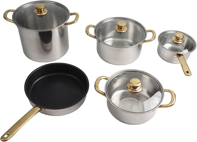 Stainless Steel Pots Pans Set Ergonomic Golden Handle Multifunctional Cookware Set Cooking Pots Glass Lids Kitchen
