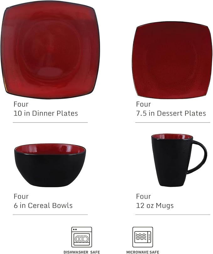 Square Dinnerware Set for 4 – 16-Piece Reactive Glaze Stoneware Dishes in Red Grey &amp White – Modern Microwave &amp Dishwasher Safe Plates Bowls &amp Mugs (Red)