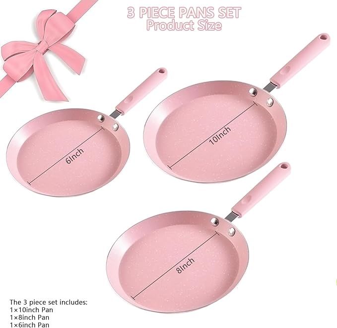 JUSTUP Nonstick Frying Pan Set3 Piece Pots and Pans Set NonstickPink Kitchen Cookware Sets with Non Stick Pan Coating10 Inch8 Inch and 6 Inch Non Stick Cooking Set Suitable for All Stoves (Pink)