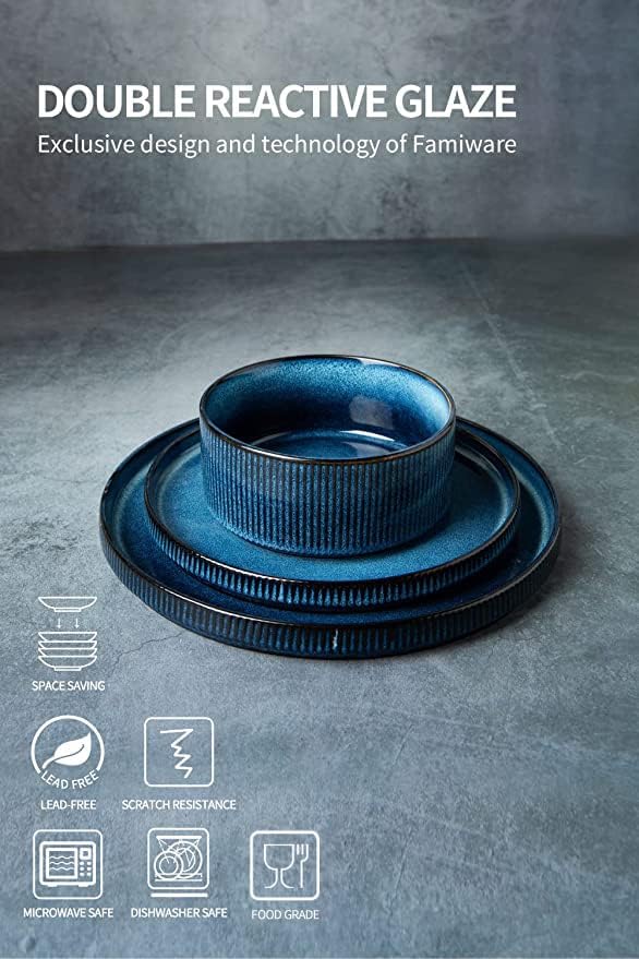Famiware Dinnerware Set for 4 (12 Piece) and 5.5 Soup Bowl Set (6 Pieces) - Nebulas Blue