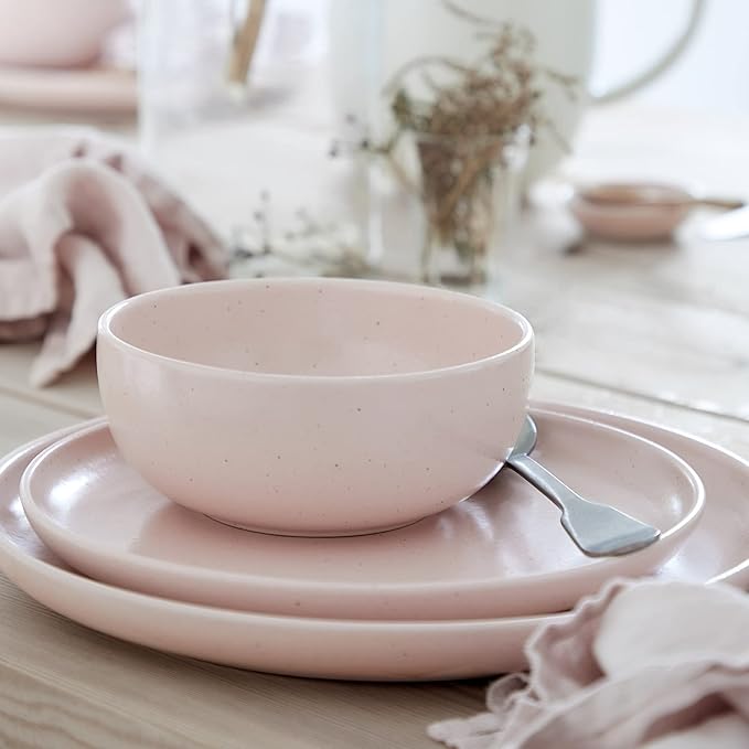 Casafina Ceramic Stoneware 18-Piece Place Setting Service for 6 with Cereal Bowls - Pacifica Collection Marshmallow Pink | Microwave &amp Dishwasher Safe Dinnerware Set | Restaurant Quality Tablewar