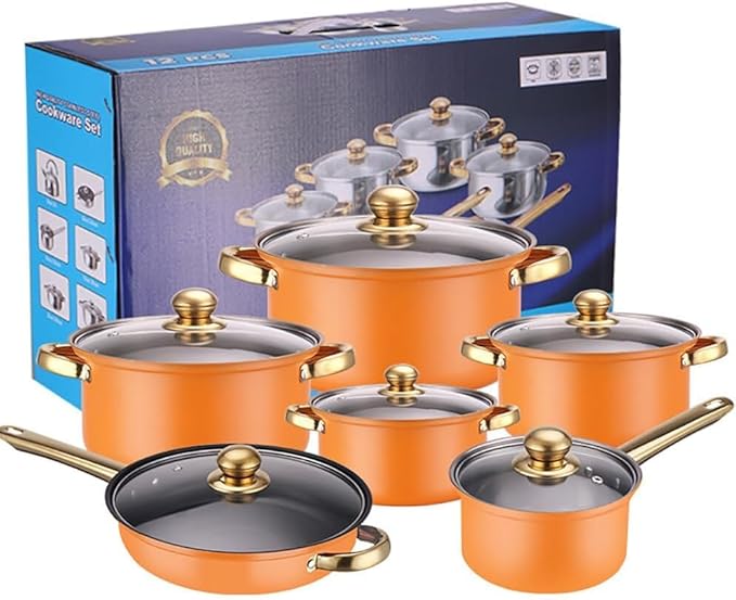 Stainless Heavy Steel Pots and Pans Set 12PCS Ktichen Stainless Steel Nonstick Cookware Set with Glass Lids Full Clad Cooking Set with Stay-Cool Handles Dishwasher Safe Compatible with All Stovetops G