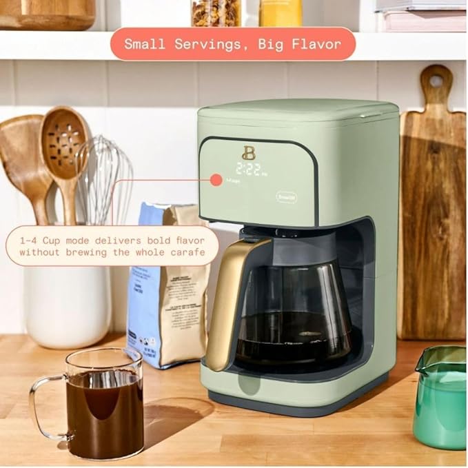 Bea~utiful 12-Cup Programmable Coffee Maker with Touch-Activated Display Auto Brew Timer Reusable Filter &amp Large Glass Carafe (Sage Green)