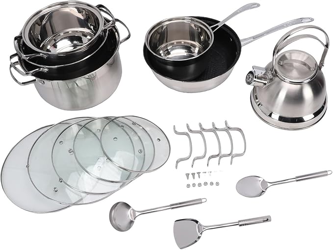 13 Piece Stainless Steel Cookware Set Pots and Pans Set with Glass Lids Complete Kitchen Cooking for Frying Boiling Soup Making