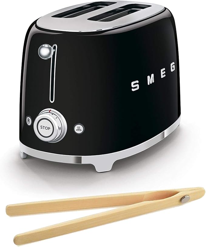Smeg TSF01BLUS 50's Retro Style Toaster Bundle with Bamboo Tongs - (Black) 2 Slice