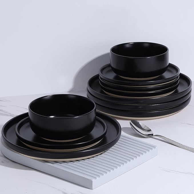 LIANYU Plates and Bowls Sets for 2 6 Piece Stoneware Dinnerware Set Porcelain Dishware for Kitchen and Dining Microwave Oven Dishwasher Safe High temperature &amp Scratch Resistant Matte Black