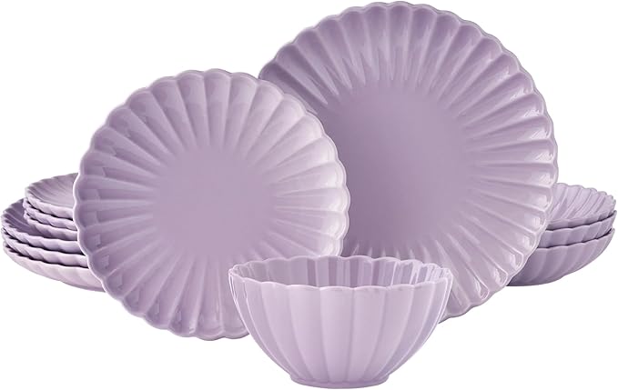 12 Pieces 4-person Set of Ceramic Tableware Including Plates Salad Plates Bowls Etc. with A Wave-shaped Design. Suitable for Daily Dining and Gatherings with Friends. Purple Tableware Set