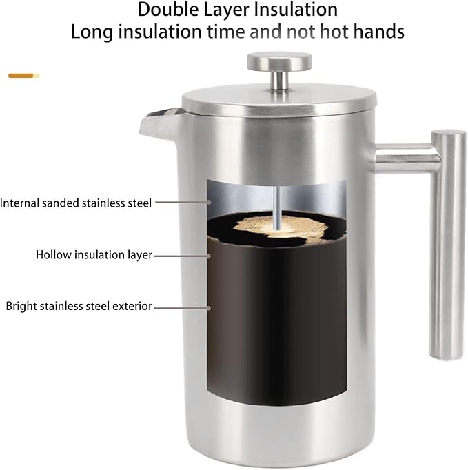 French Press Coffee Maker304 Grade Stainless Steel Coffee PressFrench Press Coffee Maker with Filter Double Wall Insulated Rust Proof Dishwasher Safe 1L