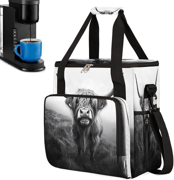 Alpine Cattle Black White Grassland Coffee Maker Carring Bag Travel Carrying Storage Tote Bag Compatible with Keurig K-Mini or K-Mini Plus Portable Single Serve Coffee Brewer Case with Pockets