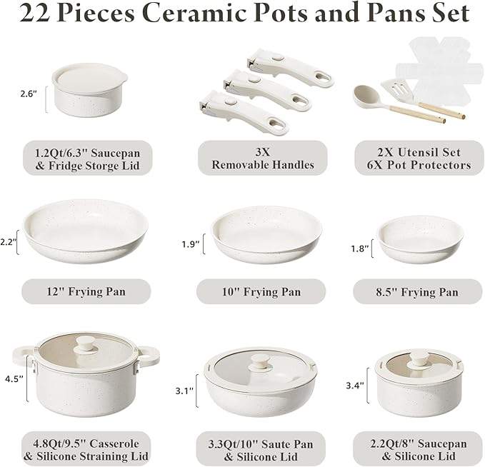 22-Piece Pots and Pans Set Non Stick with Removable Handles Ceramic Cookware Set Large-Capacity &amp Non Toxic Induction &amp RV Compatible Dishwasher Safe PFAS/PTFE/PFOA Free White