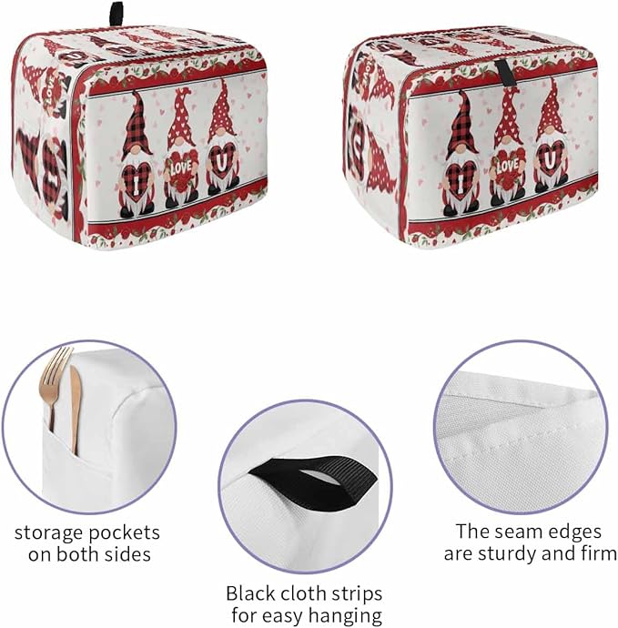 Toaster Dust Cover for Kitchen 4 Slice Happy Valentine's Day Gnomes with Love Heart Bread Maker Covers Toasters for Fingerprint Protector Washable Small Appliance Covers Accessories (12x11x8in)