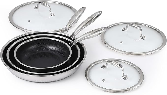 Garvee 6-Piece Tri-Ply Steel Nonstick Fry Pan Set 8/10/12 Inch Induction Ready Frying Pans with Tempered Glass Lids &amp Stay-Cool Handles Dishwasher Safe &amp Oven Safe Compatible with All Cookt