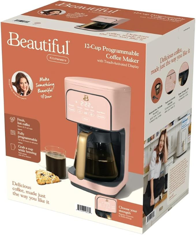 12 Cup Programmable Coffee Maker 24 Hour Auto Brew Touch Display Bold Strength Control Glass Carafe Reusable Filter Auto Shut Off (Rose)