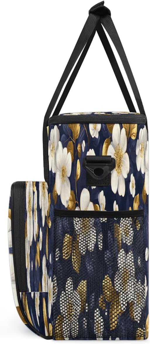 White Flowers Golden Leaves Coffee Maker Carring Bag Travel Carrying Storage Tote Bag Compatible with Keurig K-Mini or K-Mini Plus Portable Single Serve Coffee Brewer Case with Pockets for K-cup Pods