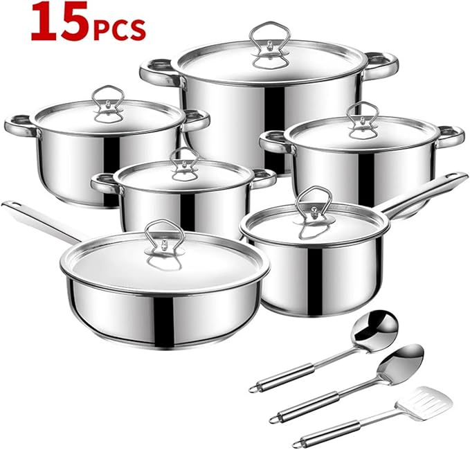 Stainless Steel Cookware Set 15 Piece with Lids Pots and Pans Kitchen Collection
