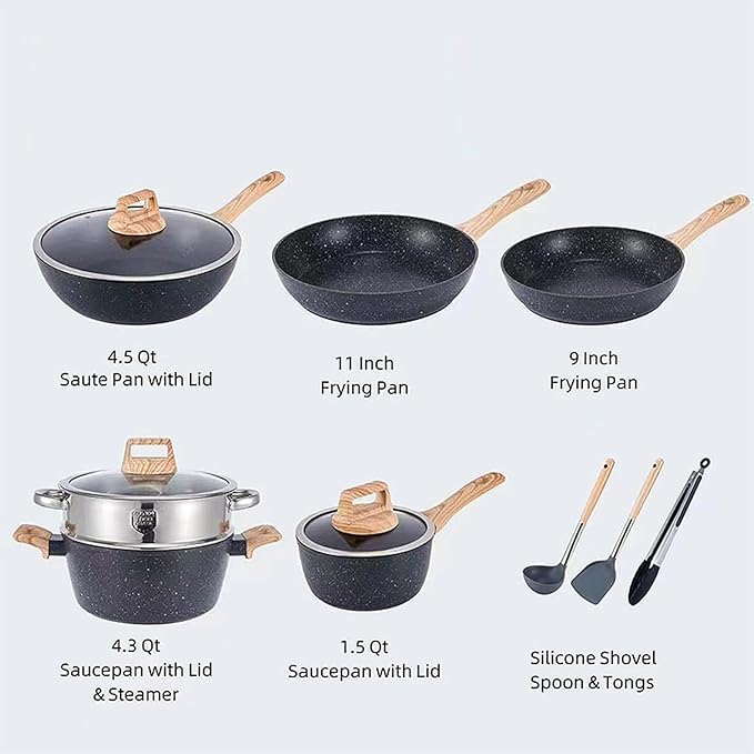 10 Piece Nonstick Cookware Set Frying Pan Saucepan Saute Pan Steam Rack Sturdy Scratch Resistant Coating Even Heat Distribution Modern Design for Home Cooks (Black)