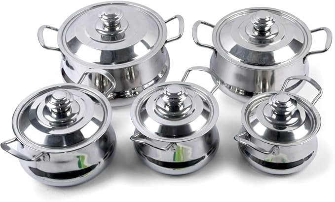 Stainless Steel Cook and Serve Handi Set with Lid Set of 5 (750 ml 1000 ml 1500 ml 2000ml 2700 ml)
