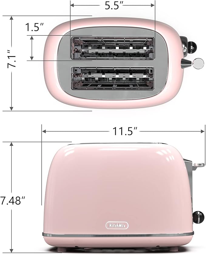 Toaster 2 sliceRetro Stainless Steel Toaster with 6 Settings 1.5 In Extra Wide Slots Bagel/Defrost/Cancel Function Removable Crumb Tray (Baby pink)