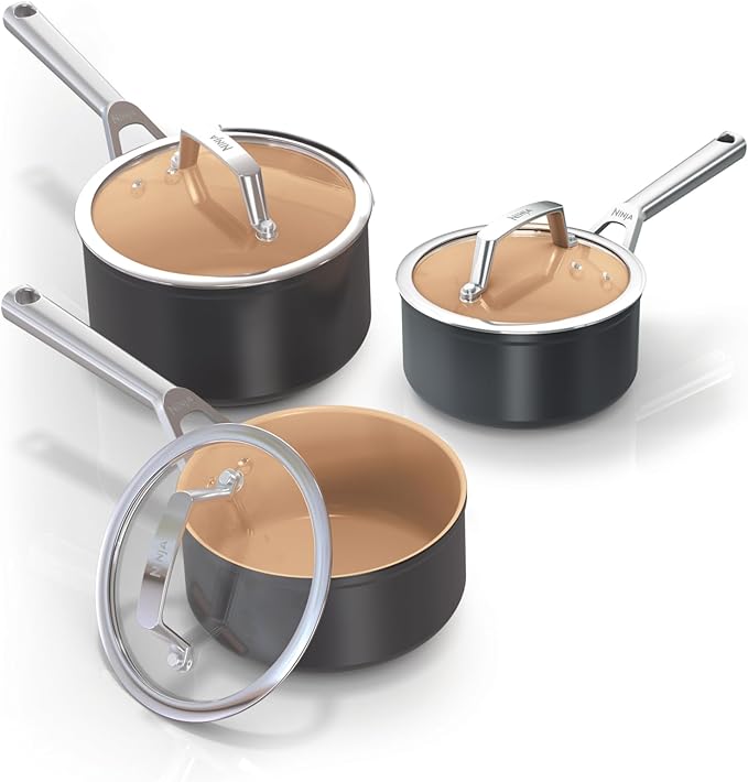 Ninja ExtendedLife 3-Piece Ceramic Saucepan Set (16 18 &amp 20cm Saucepans with Lids) Non-Stick (No PFAs PFOAs Lead or Cadmium) Induction Compatible Oven Safe to 285°C Terracotta &amp Grey