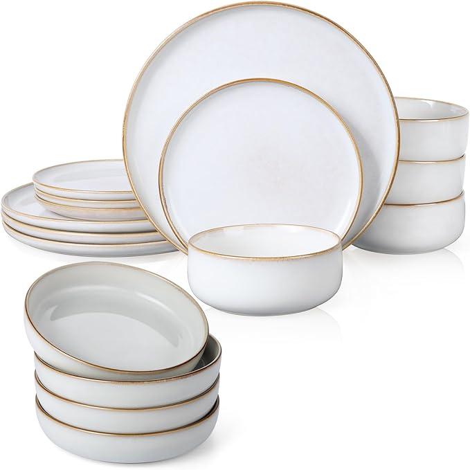E-far Dinnerware Sets for 4 16-Piece Stoneware Plates and Bowls Set Reactive Glaze Dishes Dinning Ware Set Chip &amp Scratch Resistant Microwave &amp Dishwasher Safe - Seashell White