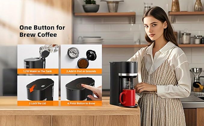 Portable Coffee Maker Single Serve with Grinder - 120s Brew Ceramic Burr 4 Cup Sizes(6-12oz) BPA-Free Window Auto Descaling Alert Compact for Travel (7.85x4.33x9.45in)