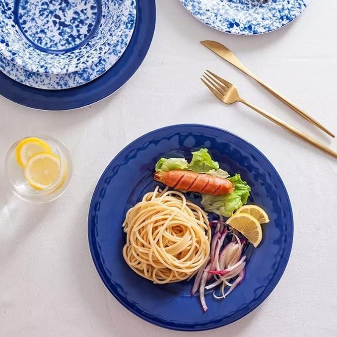 Melamine Dinnerware Set 12 Piece Service for 4 Blue and White Porcelain Tableware Dishes for Indoor and Outdoor Use Unbreakable Plates and Bowls Sets Dishwasher Safe BPA Free