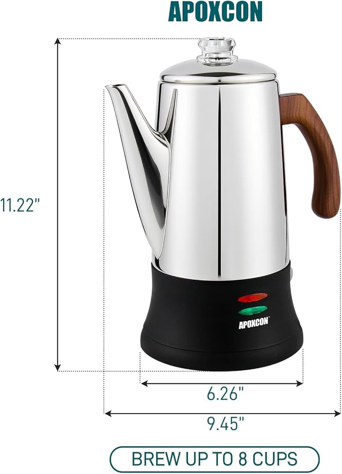 Electric Coffee Percolator Stainless Steel Coffee Pot with Two Tough Glass Clear Brew Progress Knob &amp Treated Solid Wood Handle &amp On/OFF Switch Auto Keep Warm Cordless Serve (8 Cup)