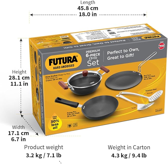 Hawkins Futura 6-Piece Hard Anodised Induction Gift Set - 2L Kadhai 20cm Frying Pan 26cm Tava Glass Lid Stainless Steel Skimmer and Turner (HAGP1)