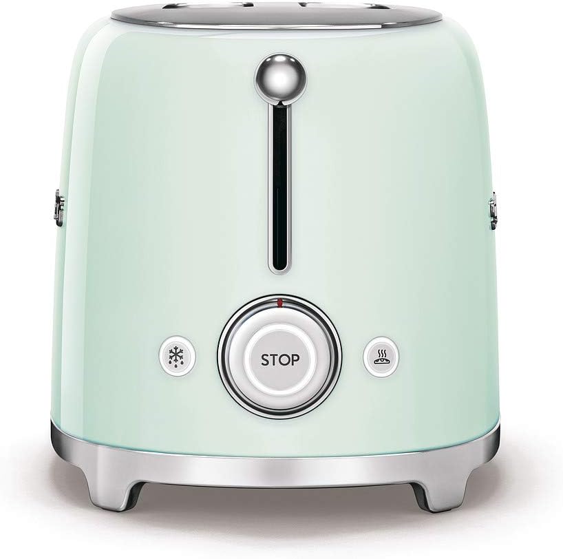 Smeg TSF01PGUK Retro 2 Slice Toaster 6 Browning Levels Extra-Wide Bread Slots Defrost and Reheat Functions Removable Crumb Tray 950 W Pastel Green