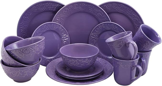 16-Piece Stoneware Dinnerware Set – Lilac Fields Embossed Design Service for 4 Microwave &amp Dishwasher Safe