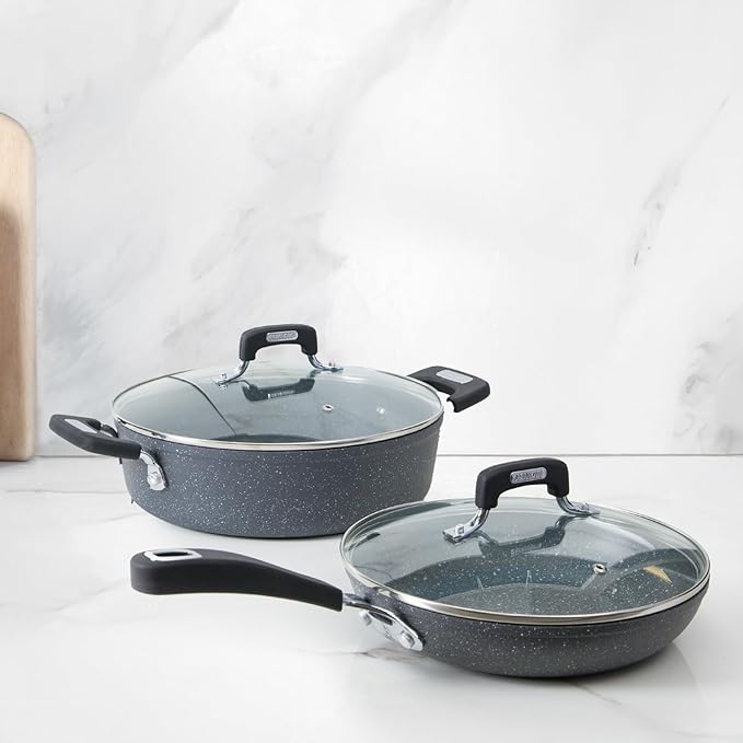 New Petra Dark Pot and Pan Set Non-Stick Induction and Oven up to 180°C Pot Holder and Spoon (4 Pieces)