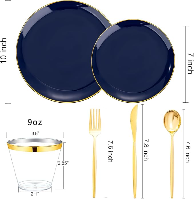 bUCLA 150PCS Blue and Gold Plastic Plates - 25 Guests Navy Blue Plastic Dinnerware Disposable for Party and Passover - Include 25 Dinner/Dessert Plates 25 Knives 25 Forks 25 Spoons 25 Cups