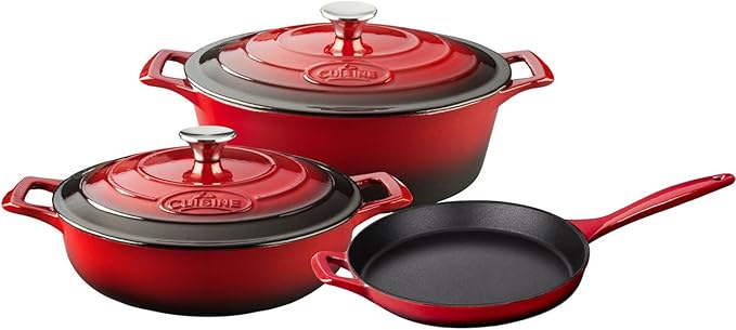 La Cuisine LC 2700 5 Piece Enameled Cast Iron Oval Casserole Cookware Set Red