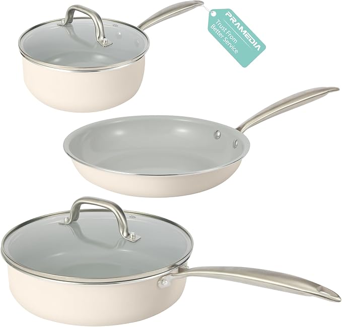 5PC Induction Cookware Set with Tempered Glass Lids Ultra Nonstick Pots and Pans Set with Stainless Steel Handle Oven Safe and Dishwasher Safe Non Toxic &amp Ceramic Cooking Set Cream White