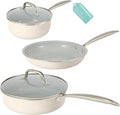 5PC Induction Cookware Set with Tempered Glass Lids Ultra Nonstick Pots and Pans Set with Stainless Steel Handle Oven Safe and Dishwasher Safe Non Toxic &amp Ceramic Cooking Set Cream White
