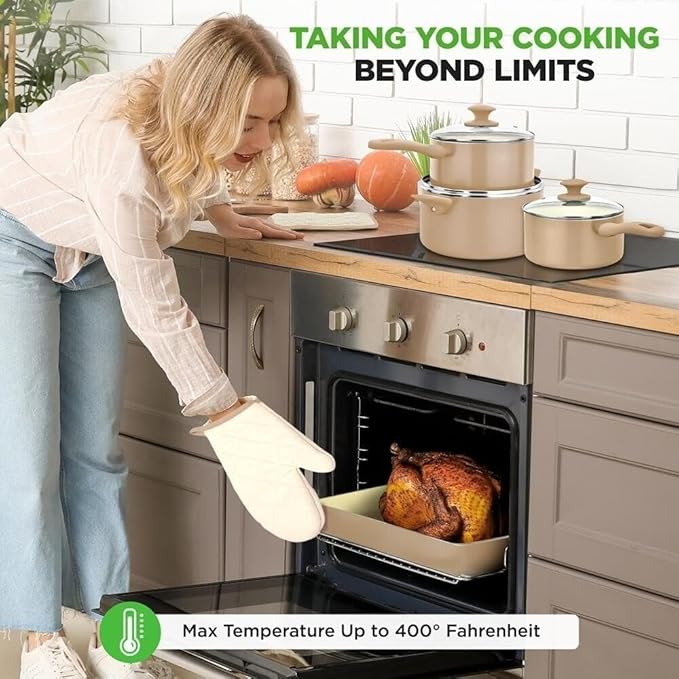 75-Piece Non-Stick Ceramic Cookware Set - Complete Pots and Pans with Bakeware Utensils Knife Set &amp Accessories - Stain-Resistant Food-Grade Safe Elegant Cream/Brown Design