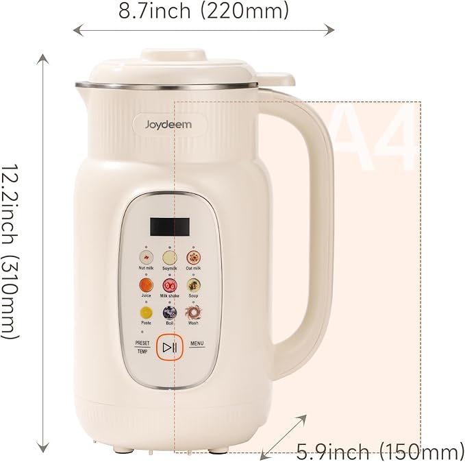 Joydeem Nut Milk Maker MachineAdjustable Temperature Control 46oz Almond Soy Oat Coconut Plant-Based Non-Dairy Beverage Blender with 10 Blades Auto Clean Boil Water Timer Keep Warm White