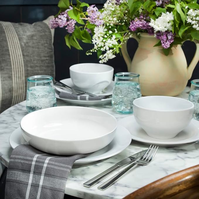 Euro Ceramica MontBlanc 16 Piece Double Bowl Dinnerware Set|TrueWhite PorcelainService For 4 | 4 Piece Entree Bowls Included