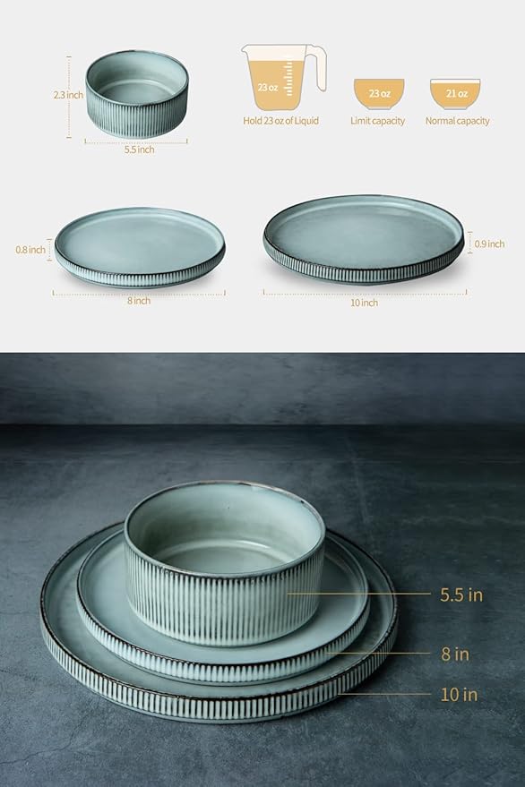 Famiware Dinnerware Set for 4 (12 Piece) and 7.5 Paste Bowl Set (4 Piece) and 4oz Dipping Bowl Set (6 Piece) - Star Stoneware Dishes - Smoky Blue