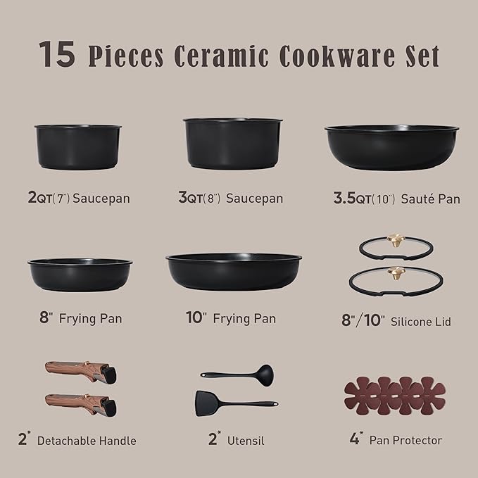 CAROTE 15Pcs Ceramic Cookware Set Pots and Pans Set Non stick Kitchen Cooking Set with Detachable Handle Non Toxic Induction Cookware Dishwasher/Oven Safe PFAS Free Black&ampGold