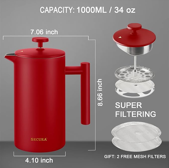 Secura French Press Coffee Maker 304 Grade Stainless Steel Insulated Coffee Press with 2 Extra Screens 34oz (1 Litre) Red