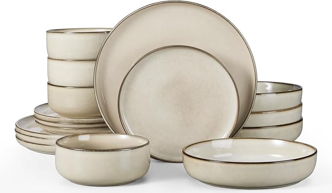 Herogo Dinnerware Sets with Pasta Bowls 16 Piece Plates and Bowls Set for 4 Modern Stoneware Dinner Dishes for Kitchen Dinning Dishwasher &amp Microwave Safe Cream Khaki