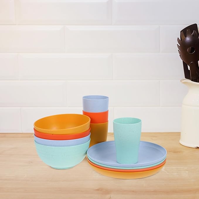 12pcs Wheat Straw Dinnerware Set with Unbreakable Plates Bowls and Cups Microwave Safe Colorful Tableware and Camping Use
