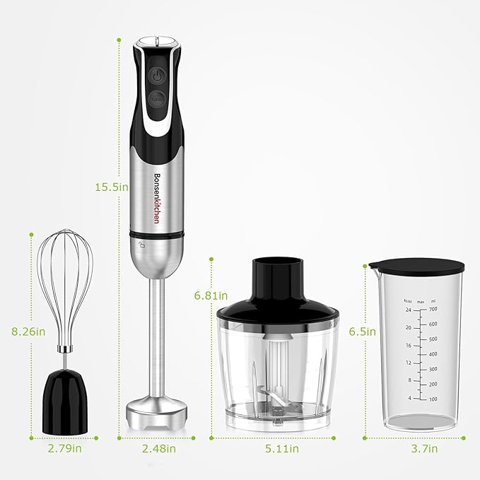 Bonsenkitchen 4-in-1 Immersion Blender Handheld with Food Processor 12 Speeds Hand Blender with Turbo Mode Stainless Steel Blade Egg Whisk Beaker &amp Chopper Bowl Stick Mixer for Smoothie Pure