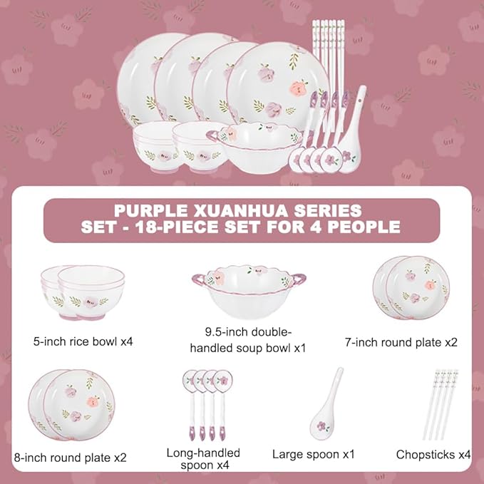 Modern Dinnerware Set Ceramic Plate And Bowl Set Serves 4-10 Purple Floral Dinnerware Set Dinner Salad Dessert Plate And Cereal Bowl SetA
